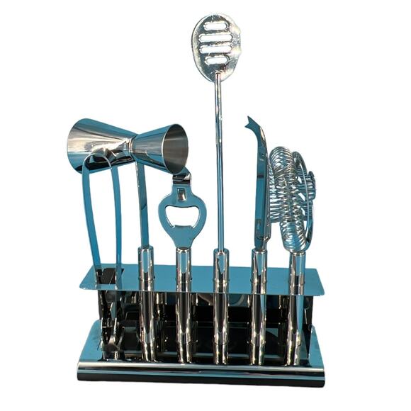 Stainless Steel Bar Tools Six Piece Set and Stand Cocktail Party Bartender Drink - Picture 8 of 13